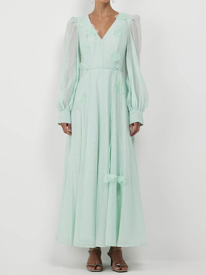 3D Flower V Neck Long Sleeve Belted Maxi Dress