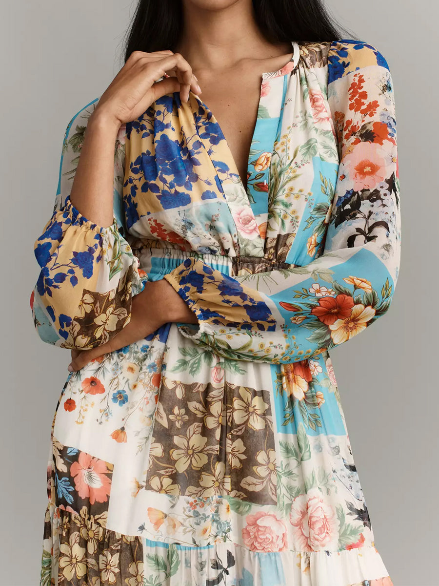 Printed V-neck Smocked Waist Maxi Dress