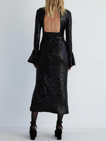 Sequin Bell Sleeve Funnel Neck Midi Dress