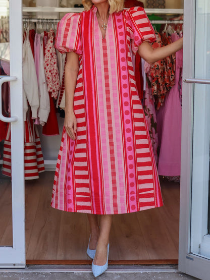 Printed V Neck Elastic Puff Sleeves Loose Maxi Dress