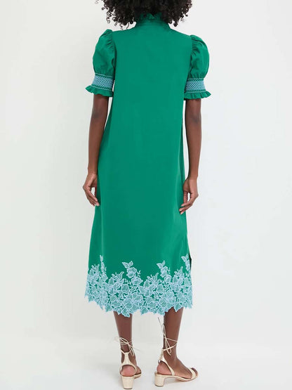 Smocked Ruffle Cuff Embroidery Midi Dress