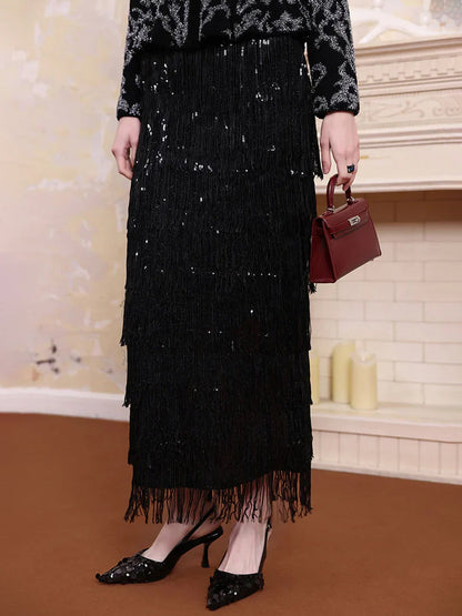 Elasticized Waist Sequin Fringed Skirt
