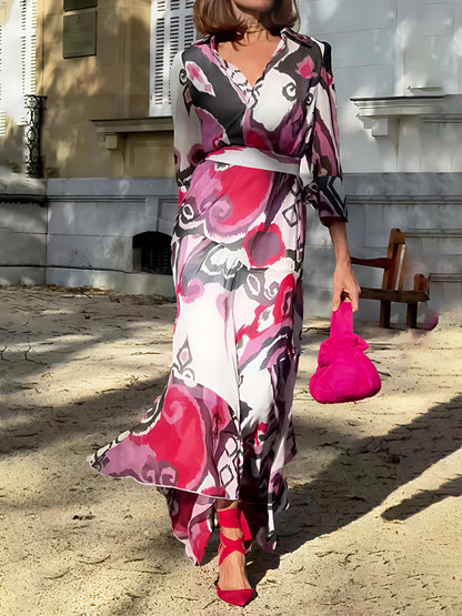 Printed V Neck Long Sleeve Dress