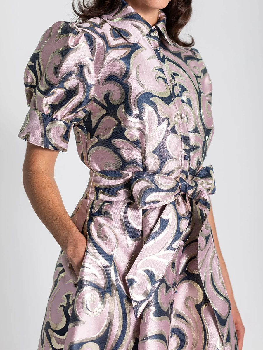 Elegant Jacquard Print Short Puffed Sleeves Gown Maxi Dress