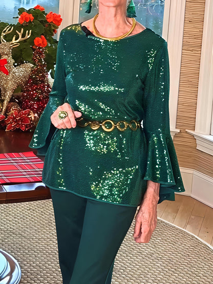 Sequined Round Neck Flare Sleeve Top