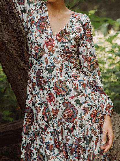 Floral Print V Neck Long Sleeve Maxi Dress