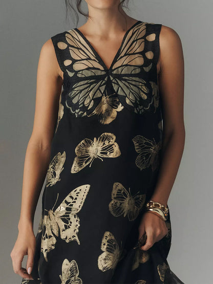 Sleeveless Butterfly Print Loose Midi Dress