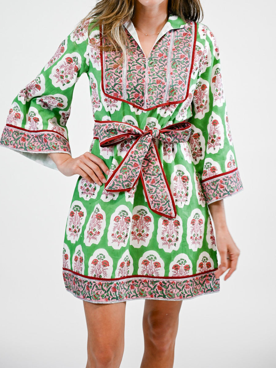 Stand Collar Placement Print Belted Mini Dress