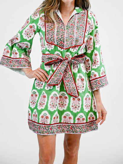 Stand Collar Placement Print Belted Mini Dress
