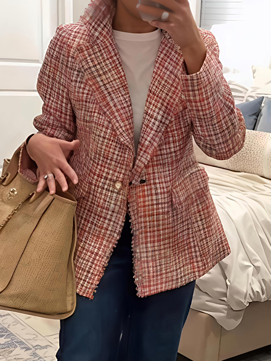 Elegant Pearl Button Woven Tweed Blazer