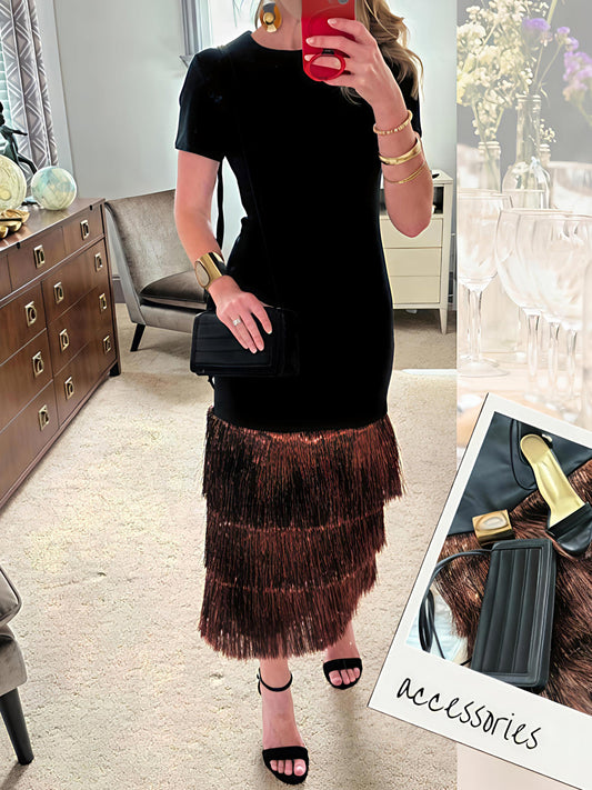 Fringed Hem Short Sleeve Maxi Dress