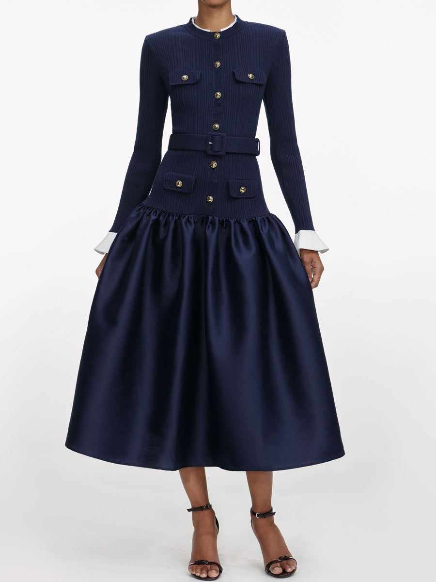 Gold Buttons Contrast Trims Dropped Waist Dress