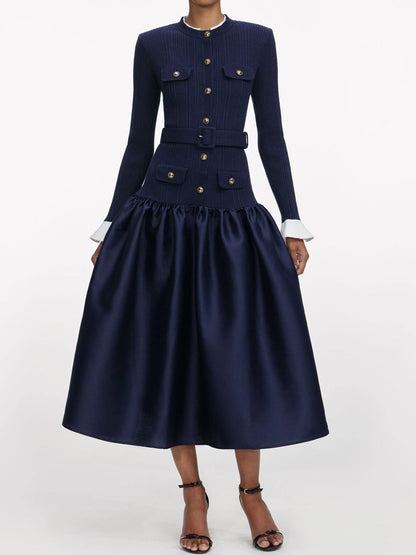 Gold Buttons Contrast Trims Dropped Waist Dress