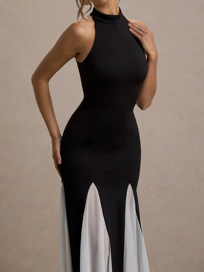 High Neck Sleeveless Patchwork Maxi Dress