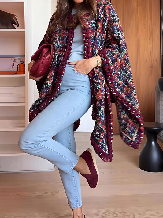 Multicolor Woven Pattern Tweed Cape
