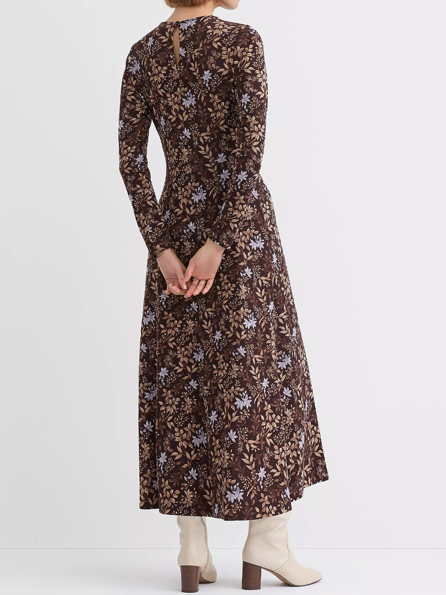 Ruched Bodice Printed Long Sleeve Dress