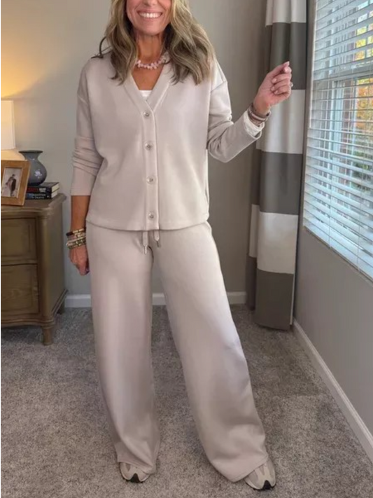 V-Neck Cardigan And Wide-Leg Pants Set
