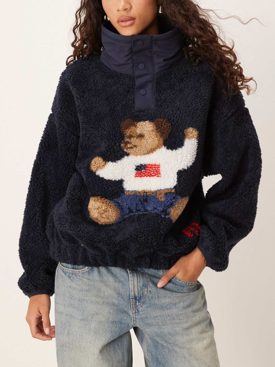 Navy Sherpa Bear Embroidered Half-Zip Pullover