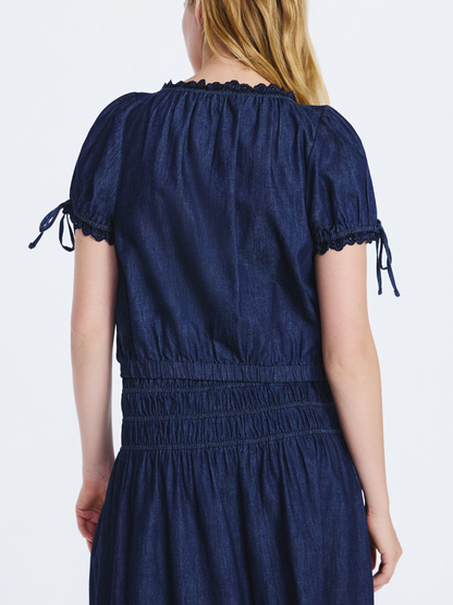 Puff Sleeve Denim Shirt And Mid-Length Dress Set