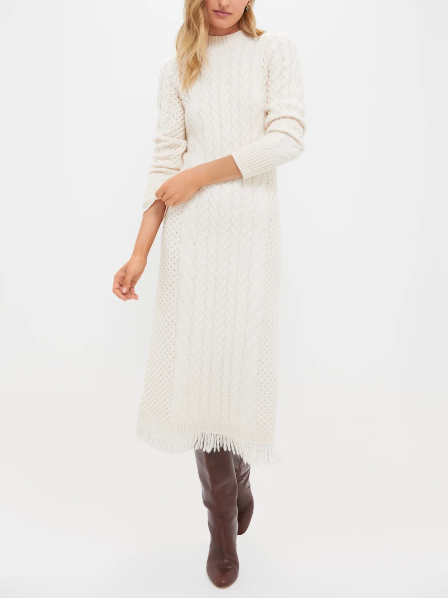 Cream Freya Fringe Sweater Dress