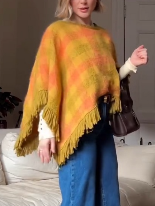 Gradient Plaid Fuzzy Fringe Poncho