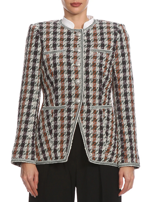 Houndstooth Tweed Blazer With Pearl Buttons