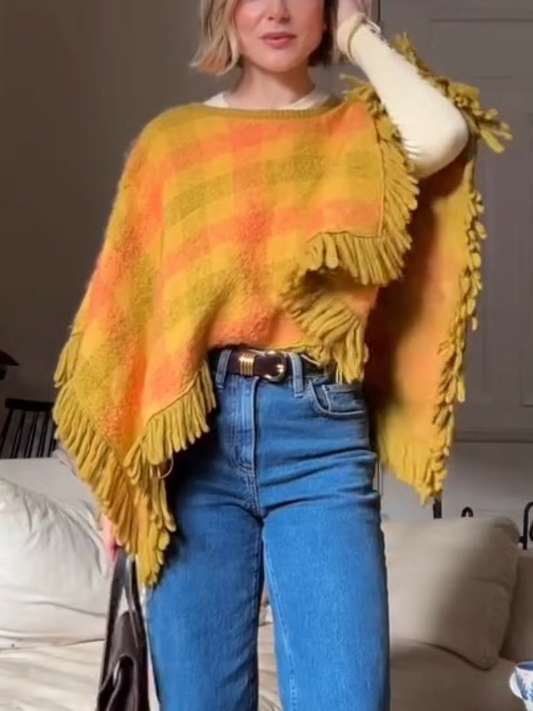 Gradient Plaid Fuzzy Fringe Poncho