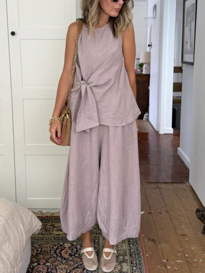 Houndstooth Linen Front Tie Up Two Piece Set
