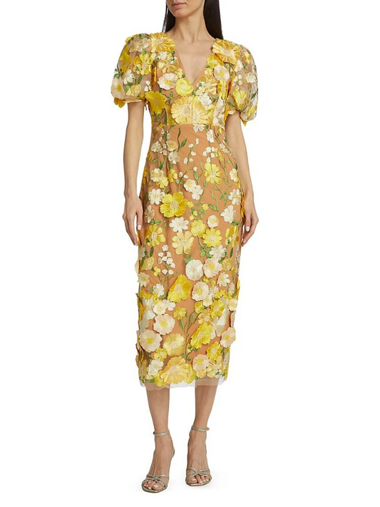 Floral Puff-Sleeve Midi-Dress