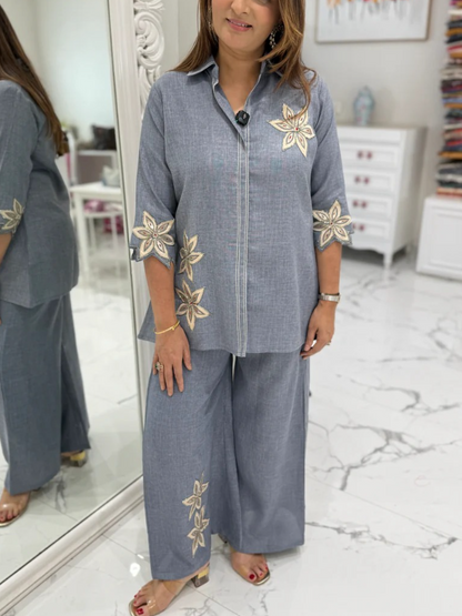 Dusty Blue Embroidered Linen Blend 2-Piece Set