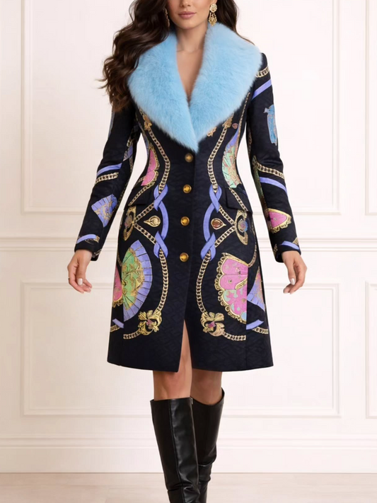 Navy Vintage Print Coat With Sky Blue Faux Fur Collar