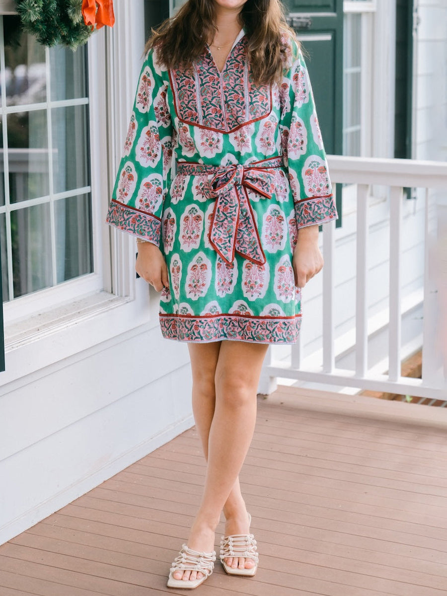 Stand Collar Placement Print Belted Mini Dress