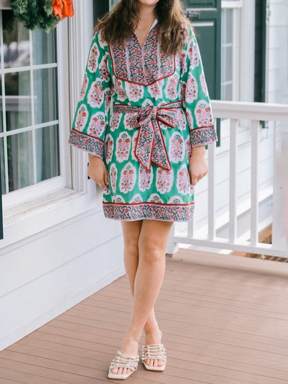 Stand Collar Placement Print Belted Mini Dress