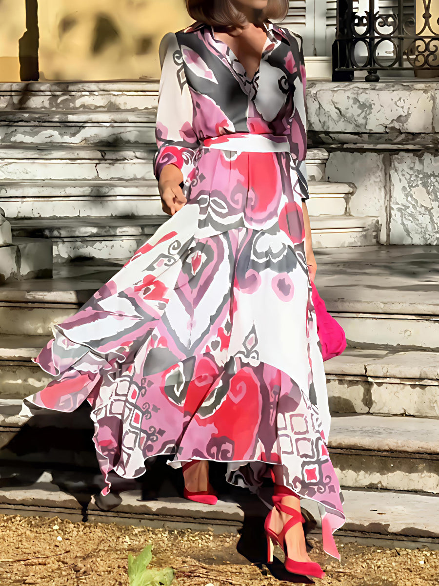 Printed V Neck Long Sleeve Dress