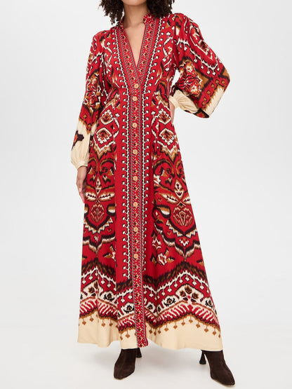 Printed Puff Sleeves V Neck Maxi Dress