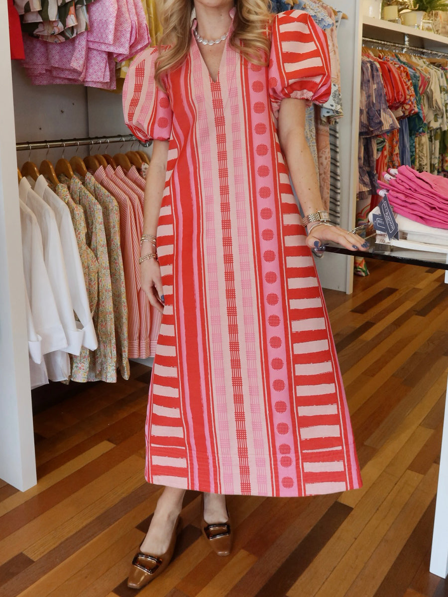Printed V Neck Elastic Puff Sleeves Loose Maxi Dress