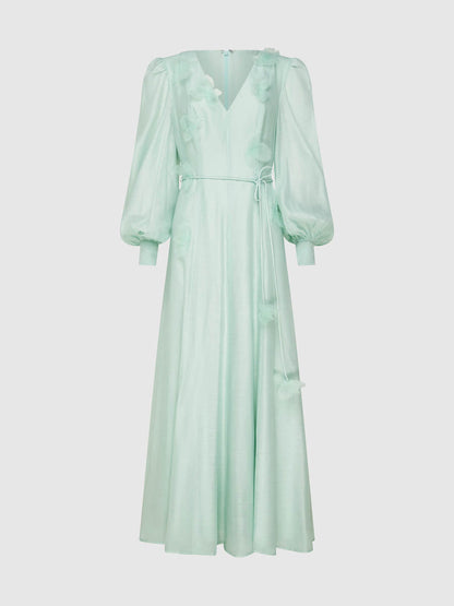 3D Flower V Neck Long Sleeve Belted Maxi Dress