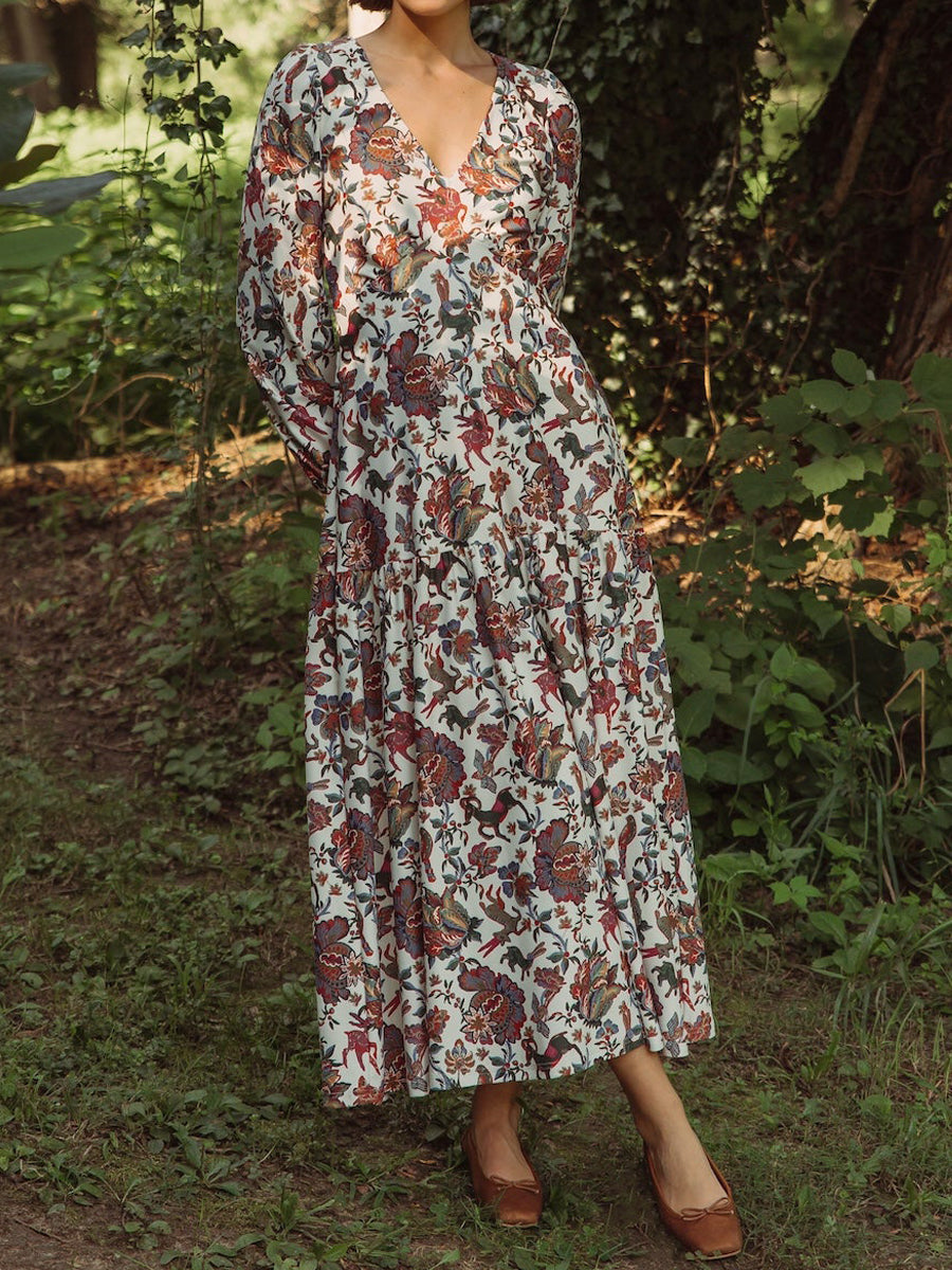 Floral Print V Neck Long Sleeve Maxi Dress