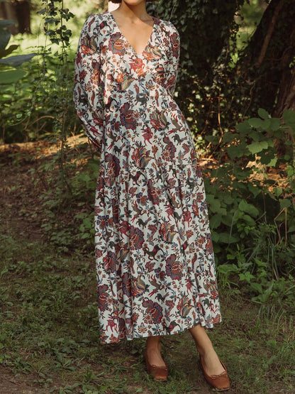 Floral Print V Neck Long Sleeve Maxi Dress