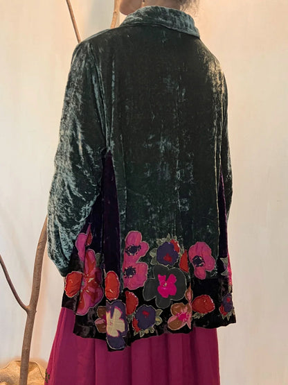Embroidered Velvet Button-Front Shirt