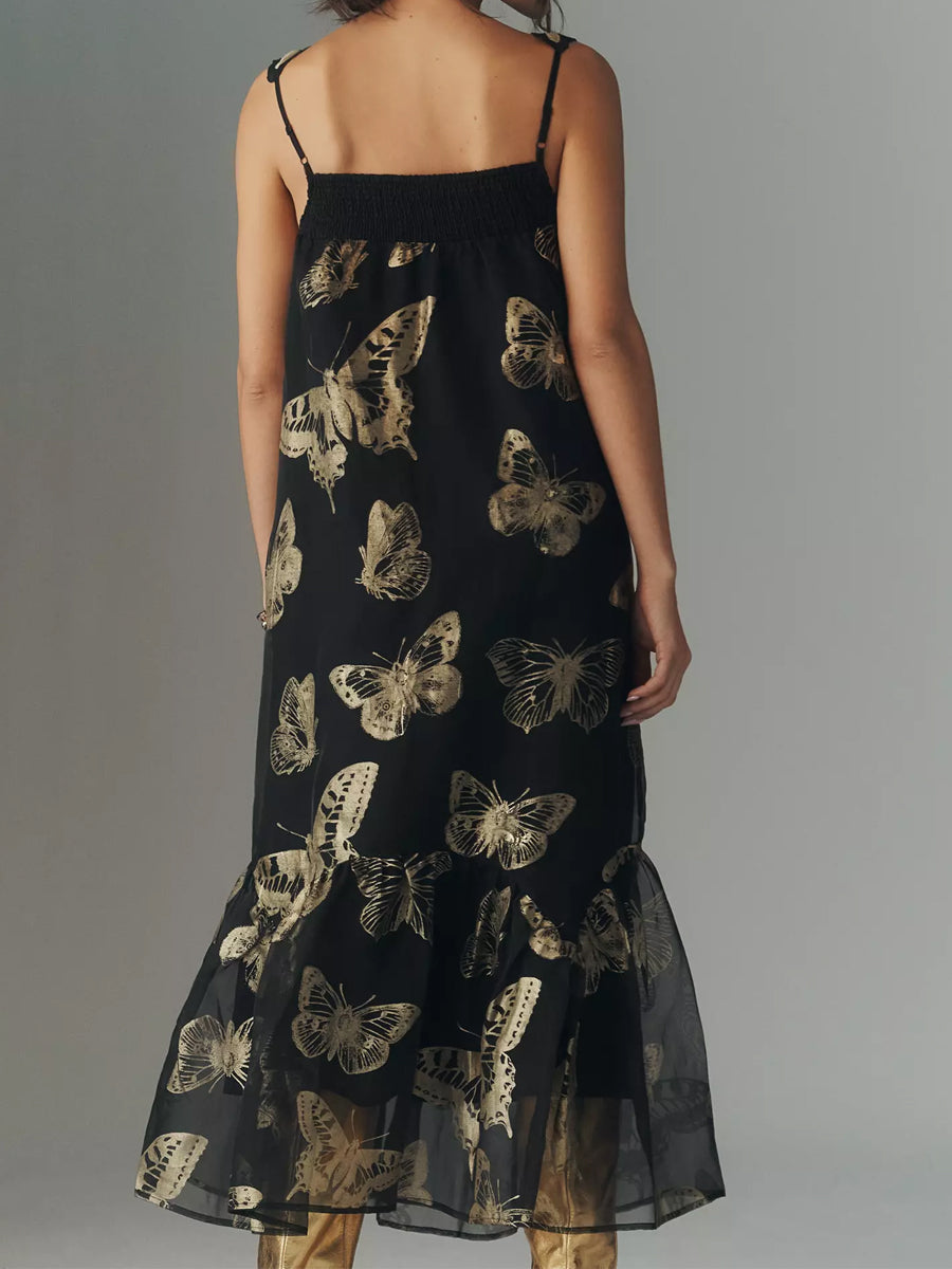 Sleeveless Butterfly Print Loose Midi Dress
