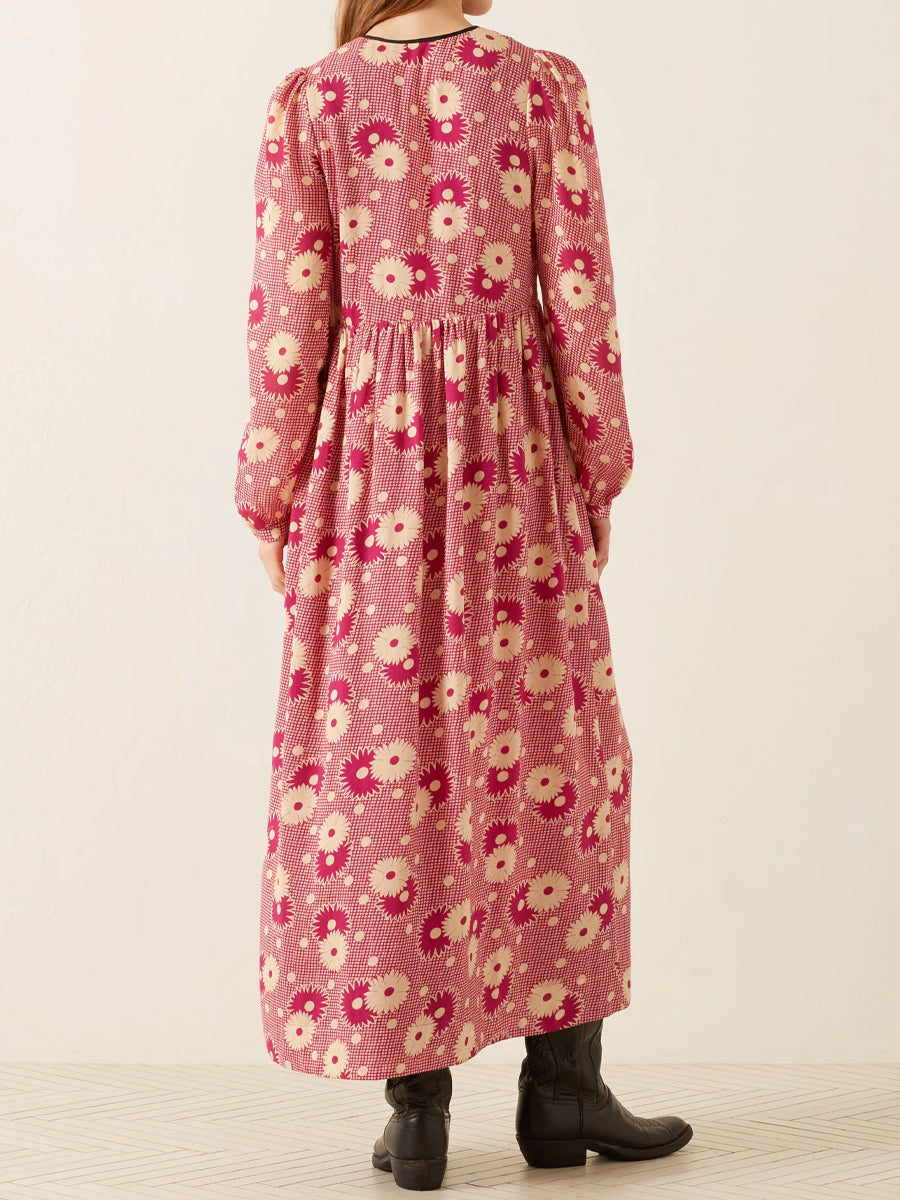 Floral Print V-neck Striped Trim Maxi Dress