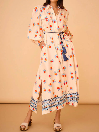 Printed Long Sleeve Tie-up Shirtdress
