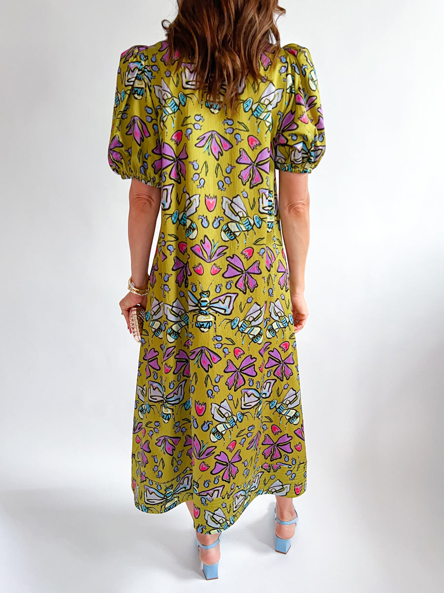 Printed V Neck Elastic Puff Sleeves Loose Maxi Dress