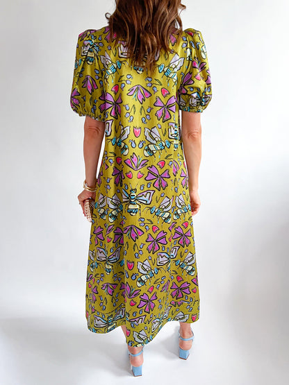 Printed V Neck Elastic Puff Sleeves Loose Maxi Dress