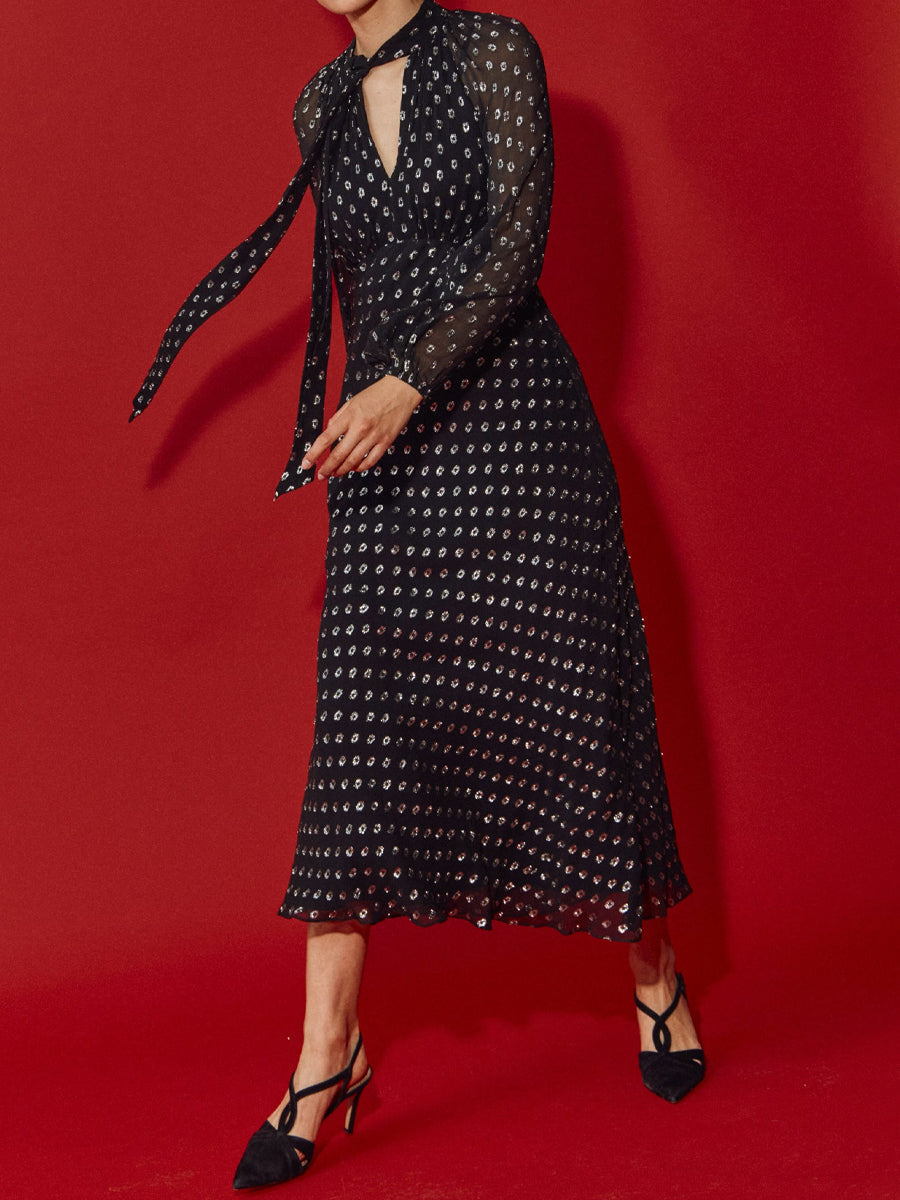Tie Neck Long Sleeve Midi Dress
