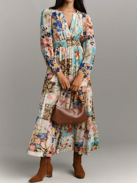 Printed V-neck Smocked Waist Maxi Dress