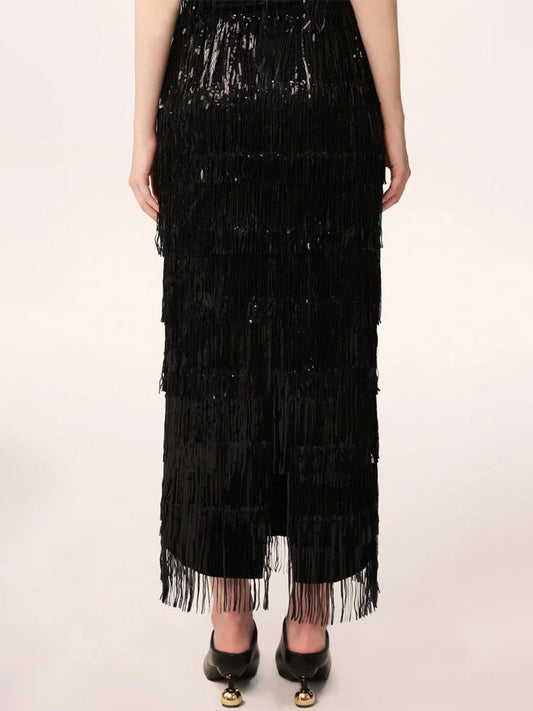 Elasticized Waist Sequin Fringed Skirt