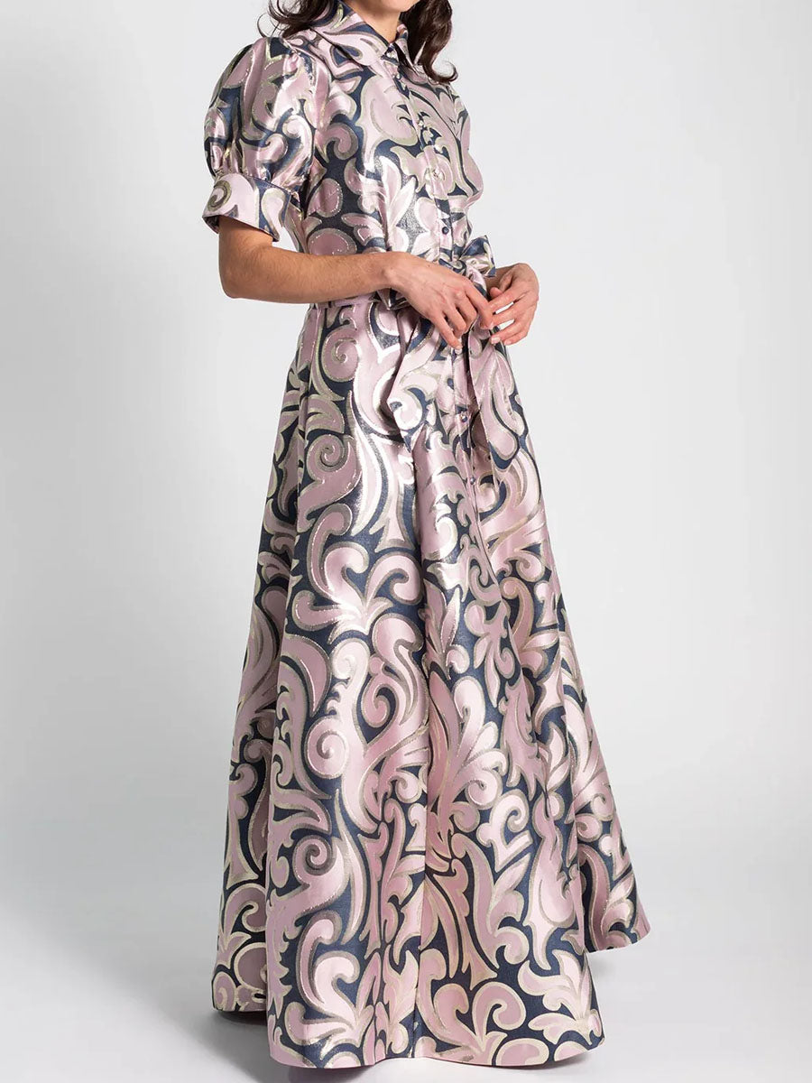 Elegant Jacquard Print Short Puffed Sleeves Gown Maxi Dress