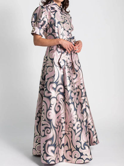Elegant Jacquard Print Short Puffed Sleeves Gown Maxi Dress